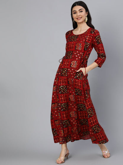 Women Red Printed Dress With Three Quarter Sleeves | LASVINI - Redefining Indian Fashion with Elegance
