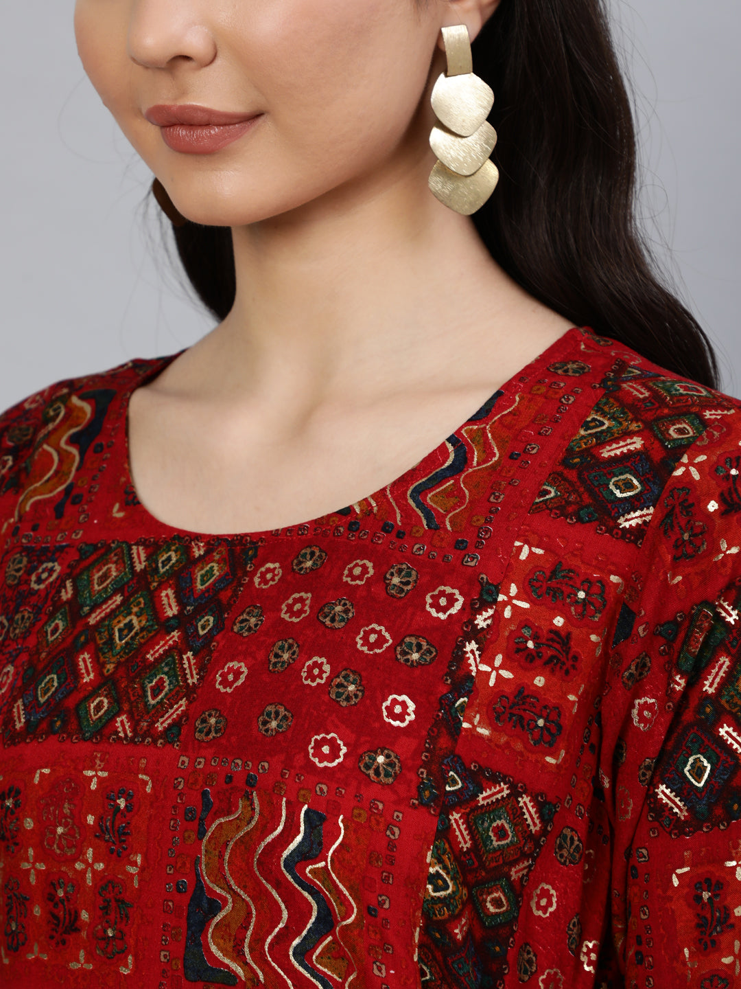 Women Red Printed Dress With Three Quarter Sleeves | LASVINI - Redefining Indian Fashion with Elegance