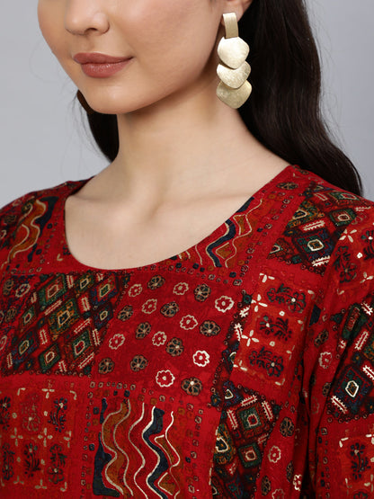 Women Red Printed Dress With Three Quarter Sleeves | LASVINI - Redefining Indian Fashion with Elegance