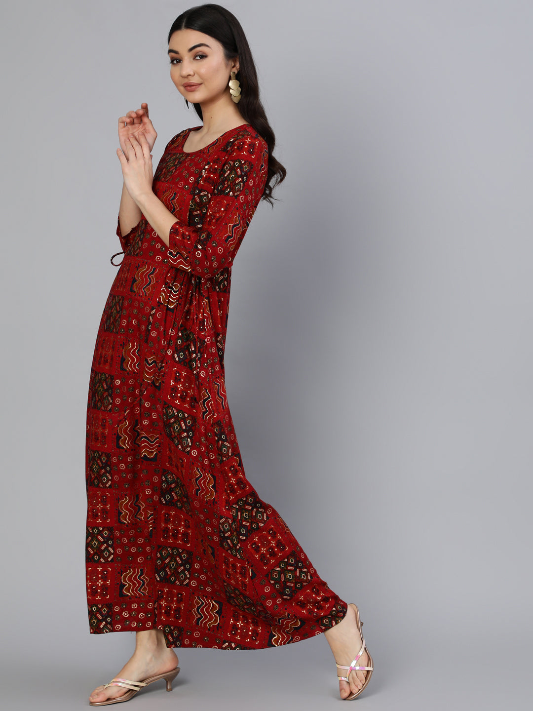 Women Red Printed Dress With Three Quarter Sleeves | LASVINI - Redefining Indian Fashion with Elegance