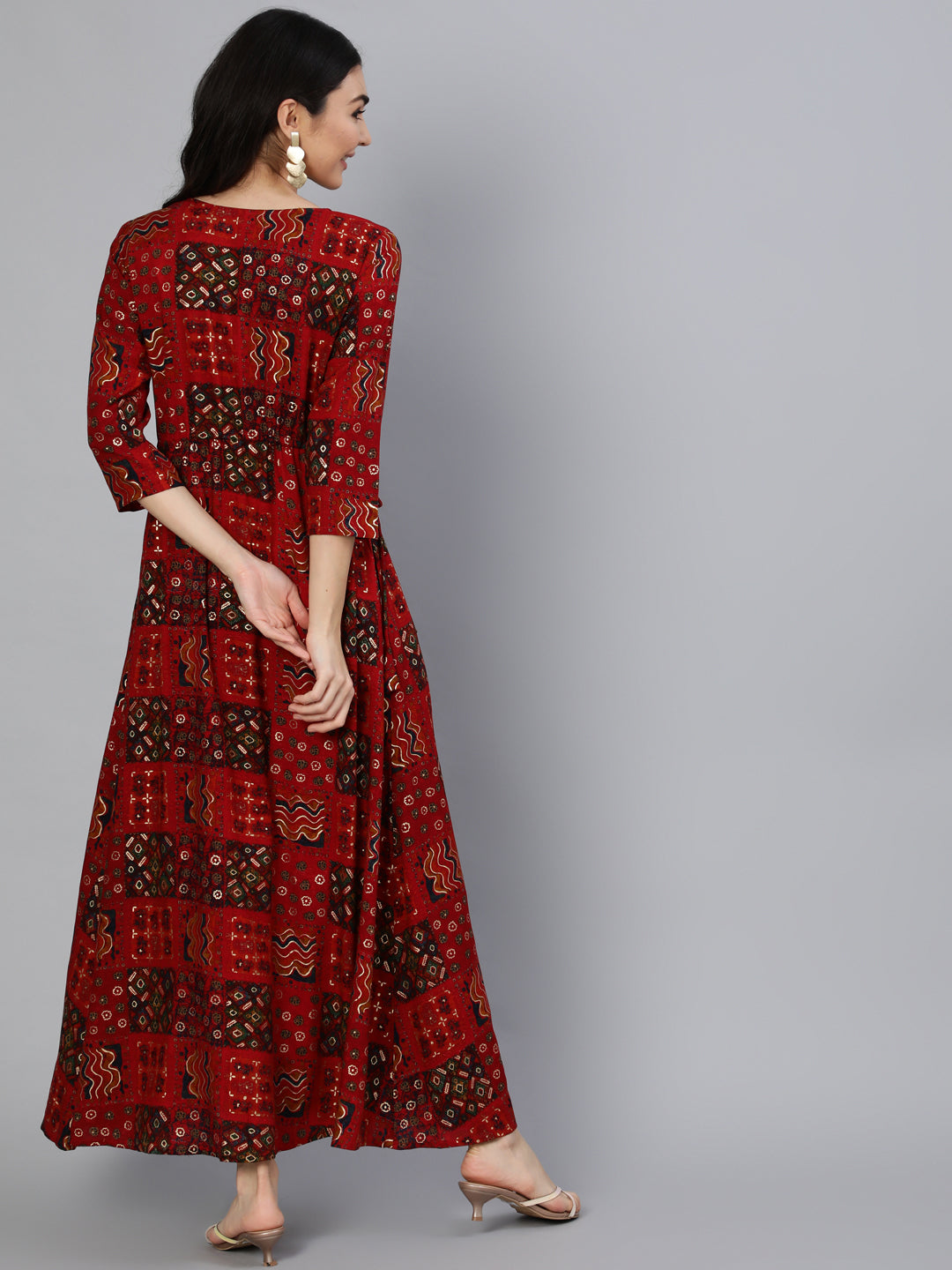 Women Red Printed Dress With Three Quarter Sleeves | LASVINI - Redefining Indian Fashion with Elegance
