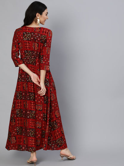 Women Red Printed Dress With Three Quarter Sleeves | LASVINI - Redefining Indian Fashion with Elegance