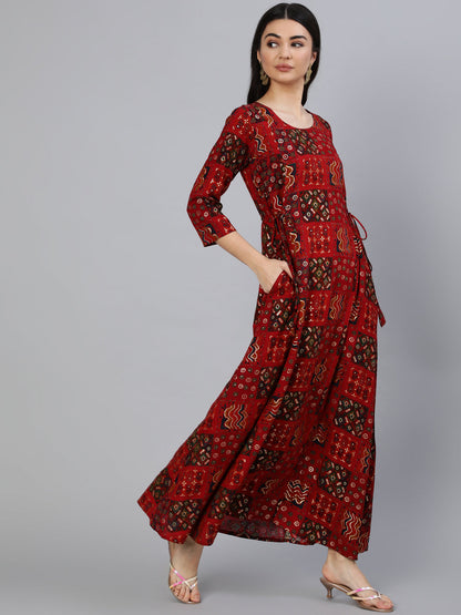 Women Red Printed Dress With Three Quarter Sleeves | LASVINI - Redefining Indian Fashion with Elegance