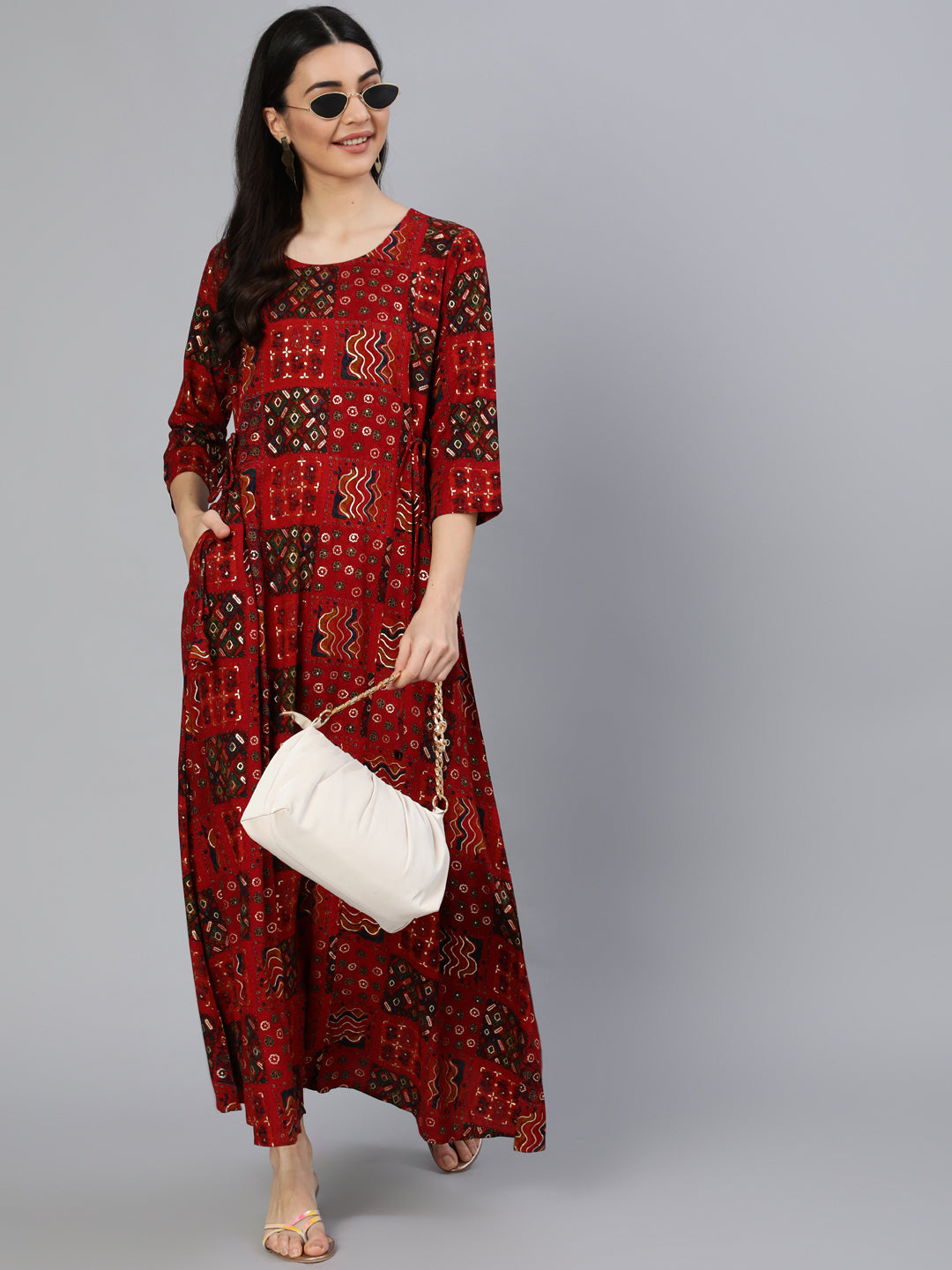 Women Red Printed Dress With Three Quarter Sleeves | LASVINI - Redefining Indian Fashion with Elegance