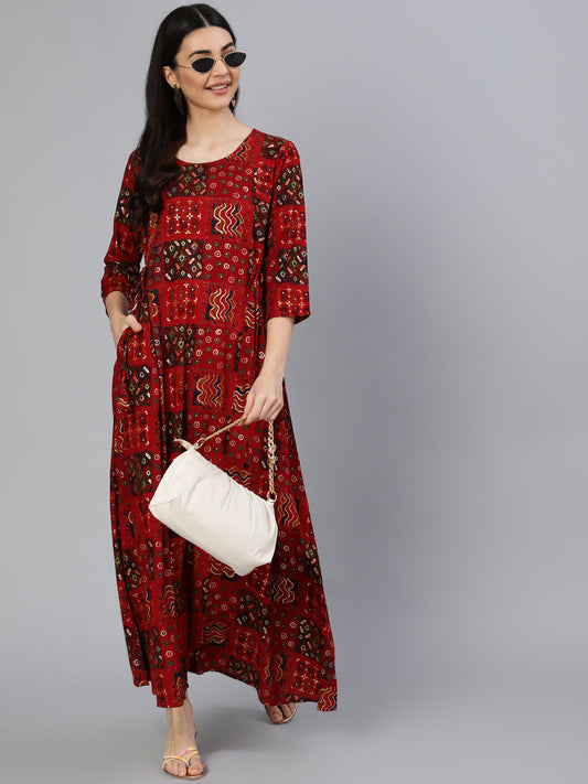 Women Red Printed Dress With Three Quarter Sleeves | LASVINI - Redefining Indian Fashion with Elegance