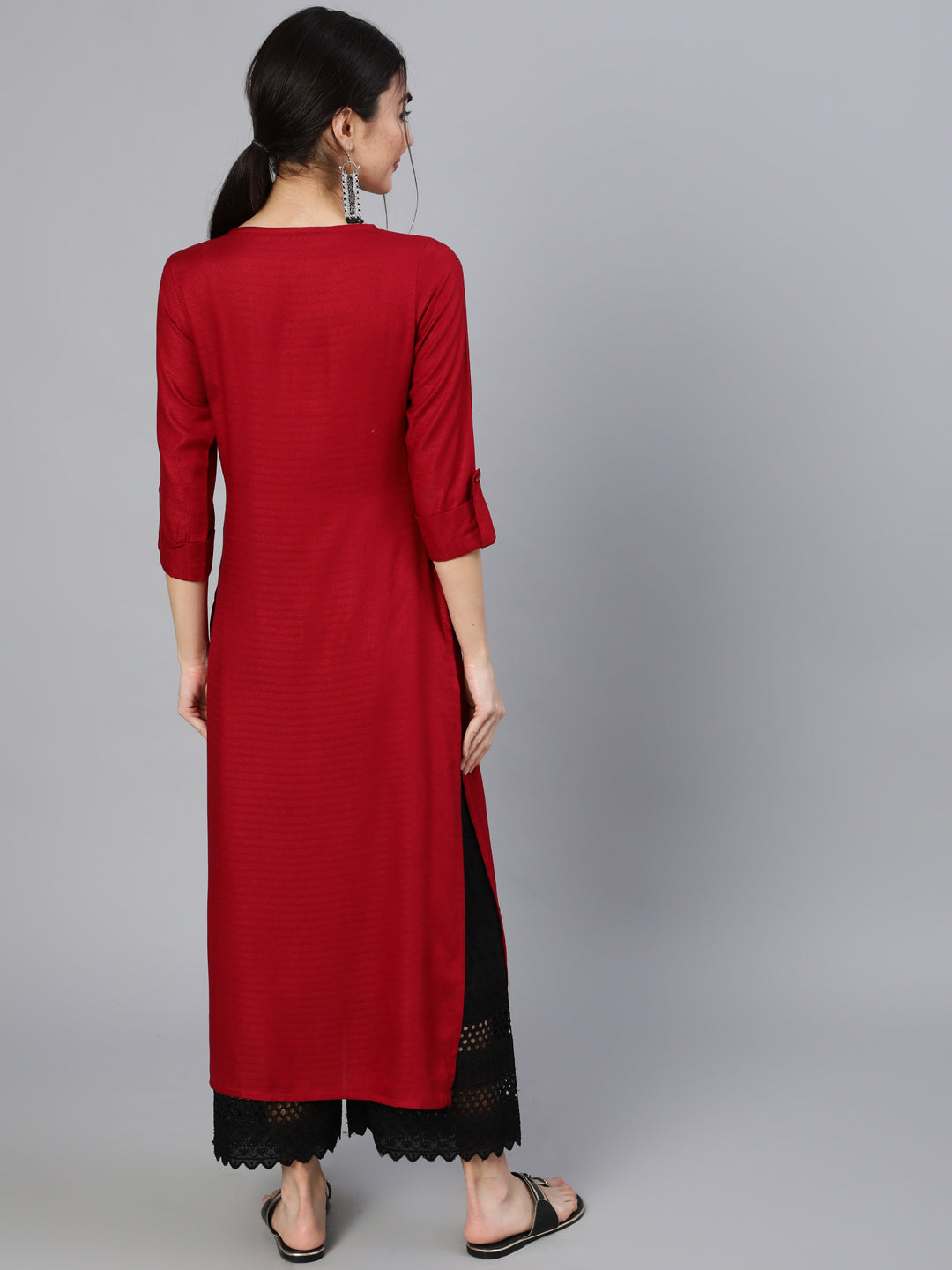 Women Maroon Solid Straight Kurta | LASVINI - Redefining Indian Fashion with Elegance