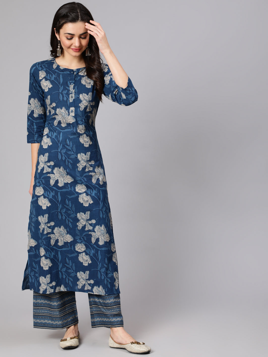 Women Blue Floral Printed Straight Kurta With Three Quarter Sleeves | LASVINI - Redefining Indian Fashion with Elegance