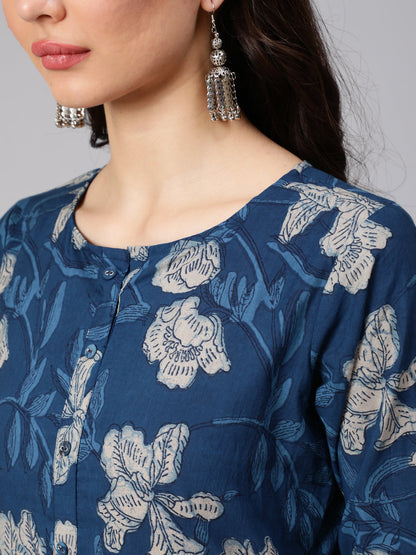 Women Blue Floral Printed Straight Kurta With Three Quarter Sleeves | LASVINI - Redefining Indian Fashion with Elegance