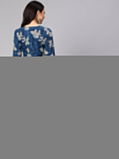 Women Blue Floral Printed Straight Kurta With Three Quarter Sleeves | LASVINI - Redefining Indian Fashion with Elegance