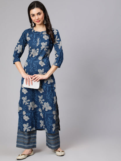 Women Blue Floral Printed Straight Kurta With Three Quarter Sleeves | LASVINI - Redefining Indian Fashion with Elegance