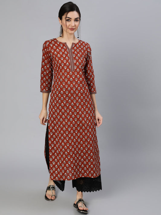 Women Maroon Ethnic Printed Straight Kurta With Three Quarter Sleeves | LASVINI - Redefining Indian Fashion with Elegance