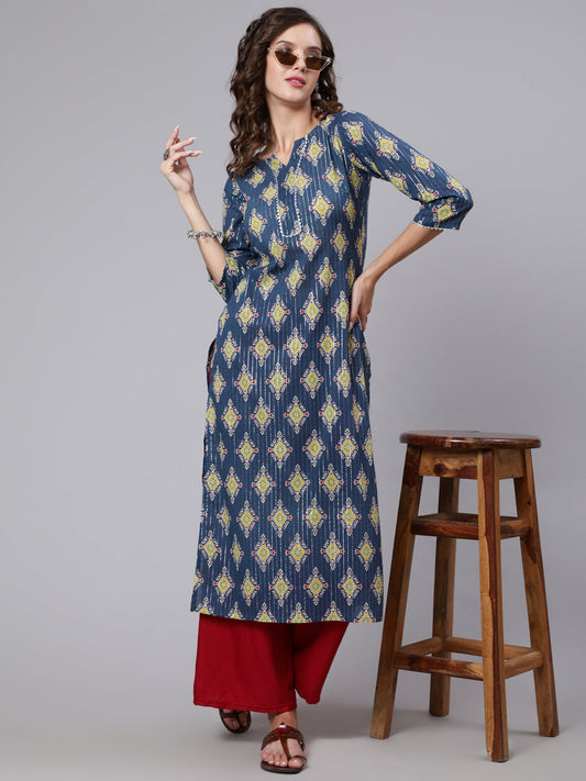 Women Blue Printed Straight Kurta With Three Quarter Sleeves | LASVINI - Redefining Indian Fashion with Elegance