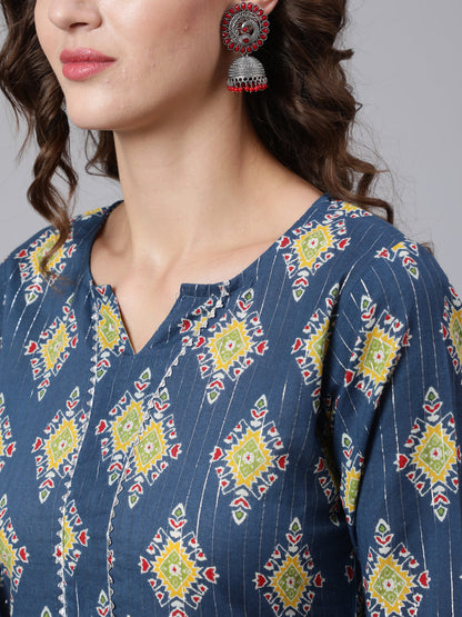 Women Blue Printed Straight Kurta With Three Quarter Sleeves | LASVINI - Redefining Indian Fashion with Elegance