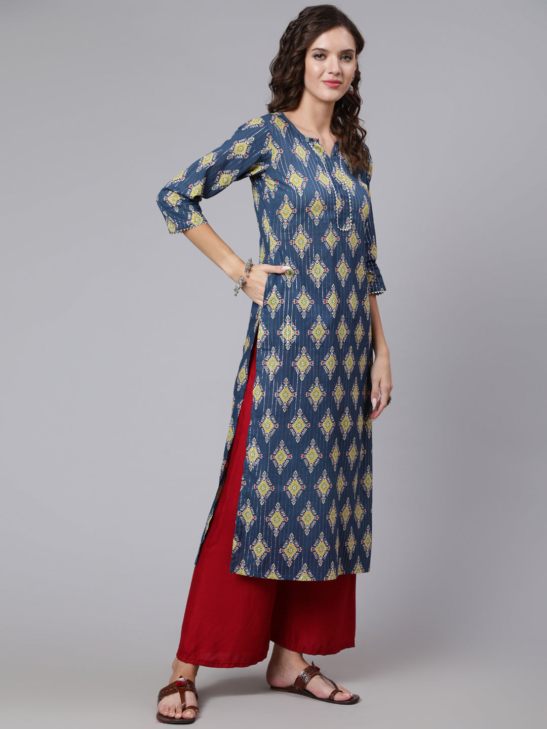 Women Blue Printed Straight Kurta With Three Quarter Sleeves | LASVINI - Redefining Indian Fashion with Elegance