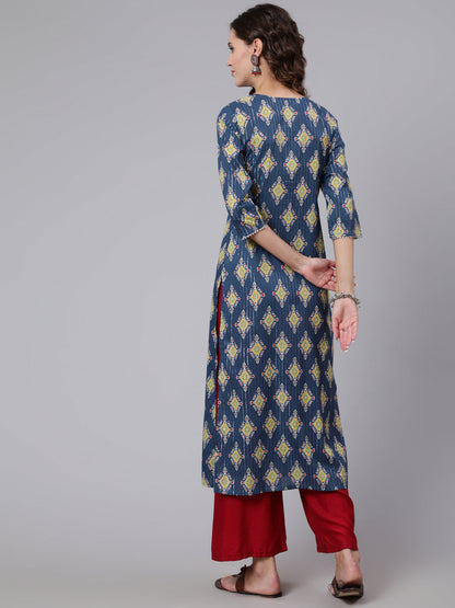 Women Blue Printed Straight Kurta With Three Quarter Sleeves | LASVINI - Redefining Indian Fashion with Elegance