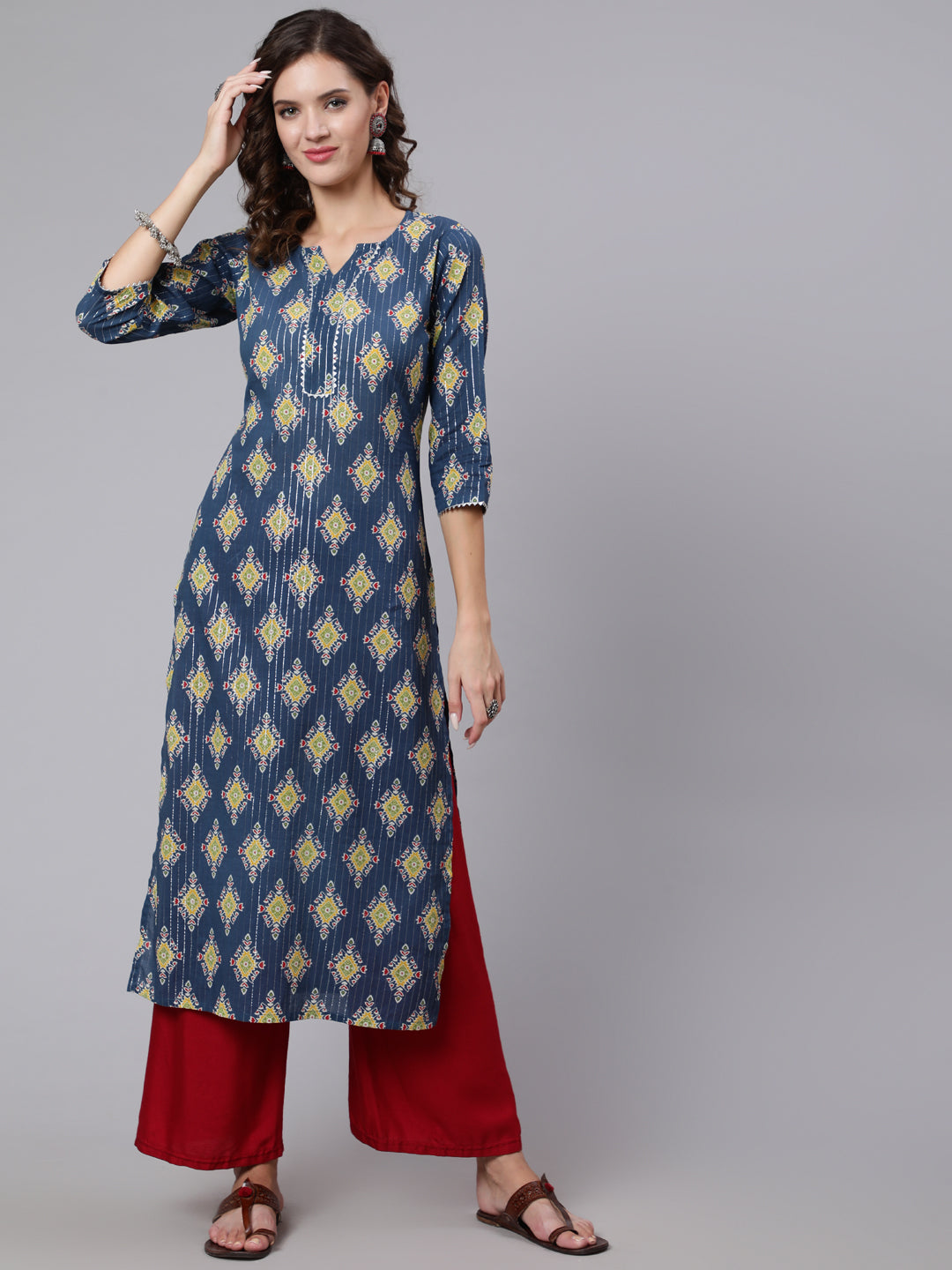 Women Blue Printed Straight Kurta With Three Quarter Sleeves | LASVINI - Redefining Indian Fashion with Elegance