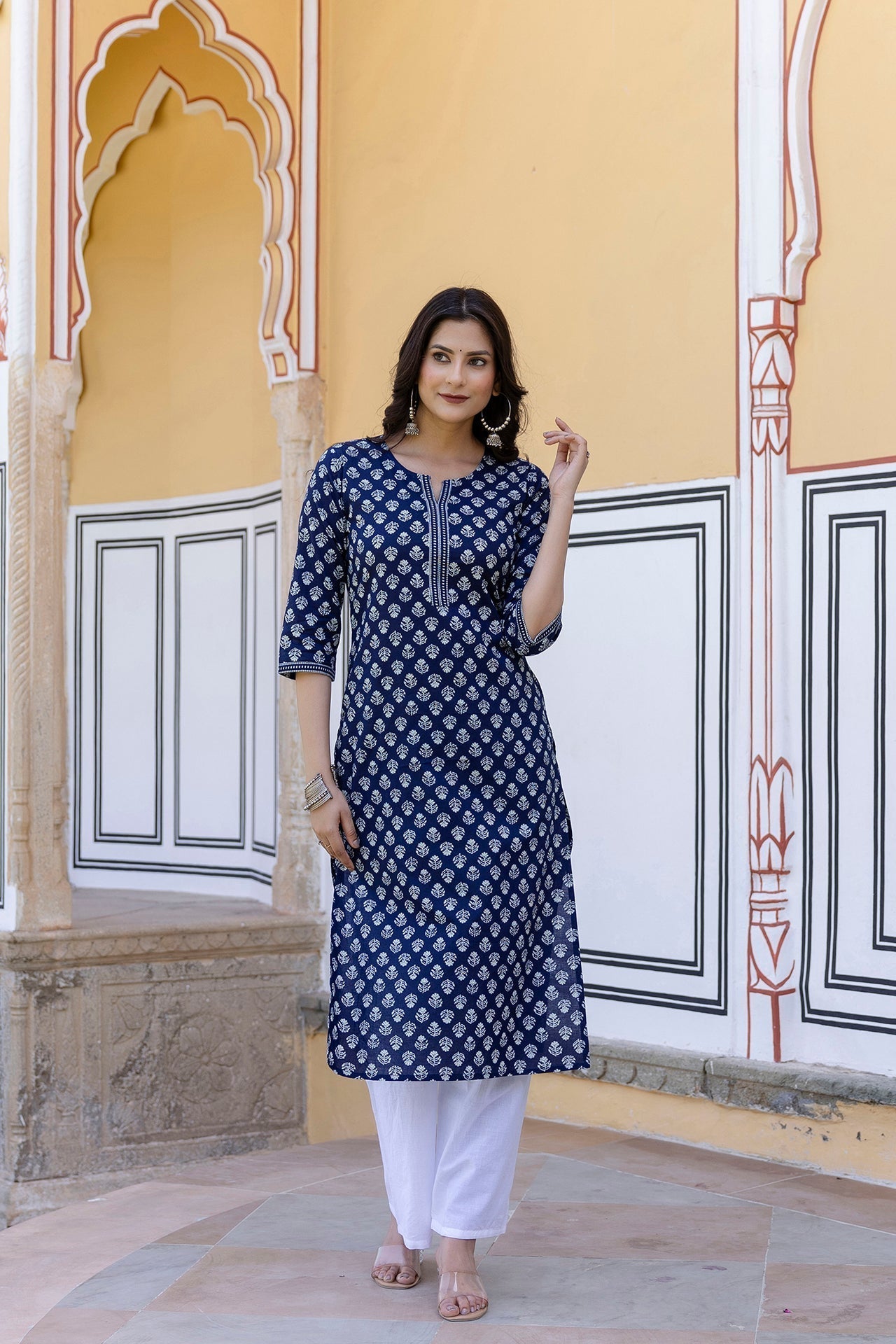 Women Navy Blue & White Ethnic Motifs Printed Thread Work Cotton Kurta | LASVINI - Redefining Indian Fashion with Elegance