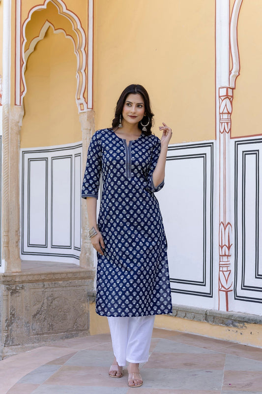 Women Navy Blue & White Ethnic Motifs Printed Thread Work Cotton Kurta | LASVINI - Redefining Indian Fashion with Elegance