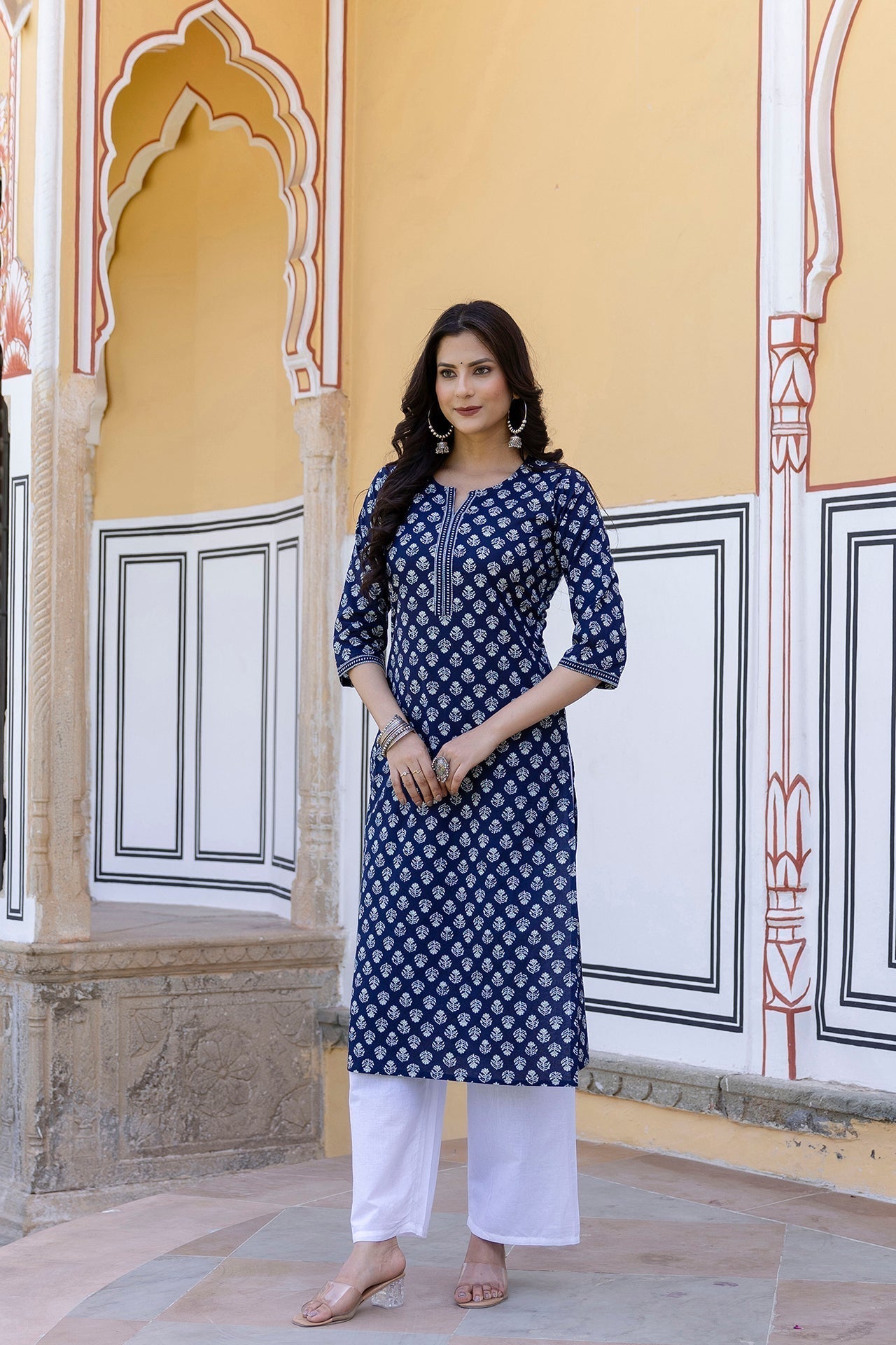 Women Navy Blue & White Ethnic Motifs Printed Thread Work Cotton Kurta | LASVINI - Redefining Indian Fashion with Elegance