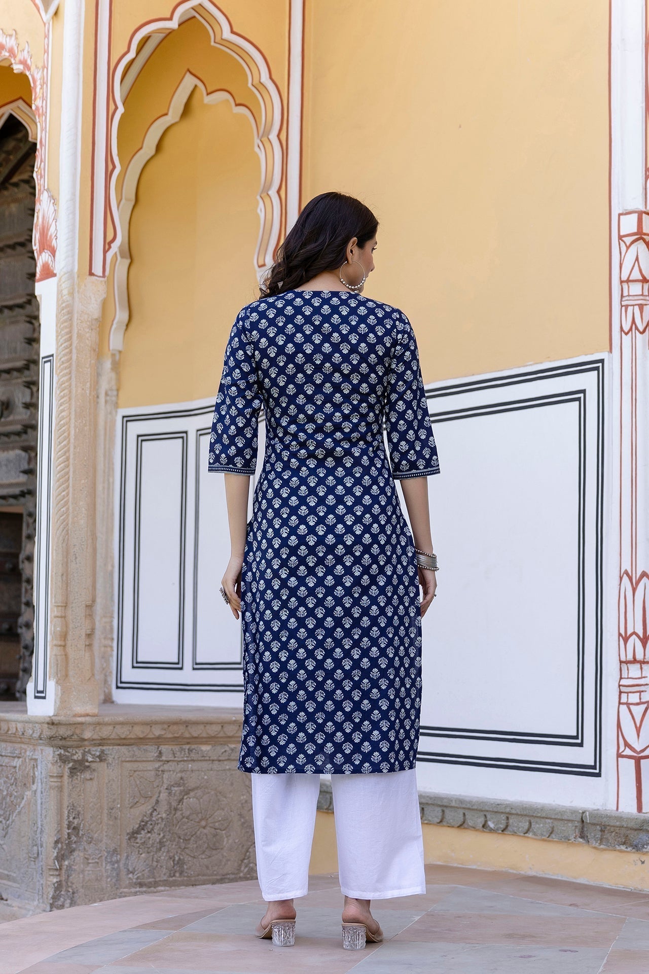 Women Navy Blue & White Ethnic Motifs Printed Thread Work Cotton Kurta | LASVINI - Redefining Indian Fashion with Elegance
