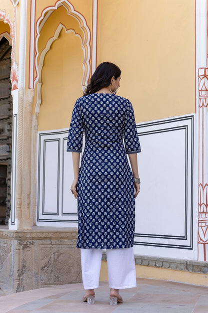 Women Navy Blue & White Ethnic Motifs Printed Thread Work Cotton Kurta | LASVINI - Redefining Indian Fashion with Elegance