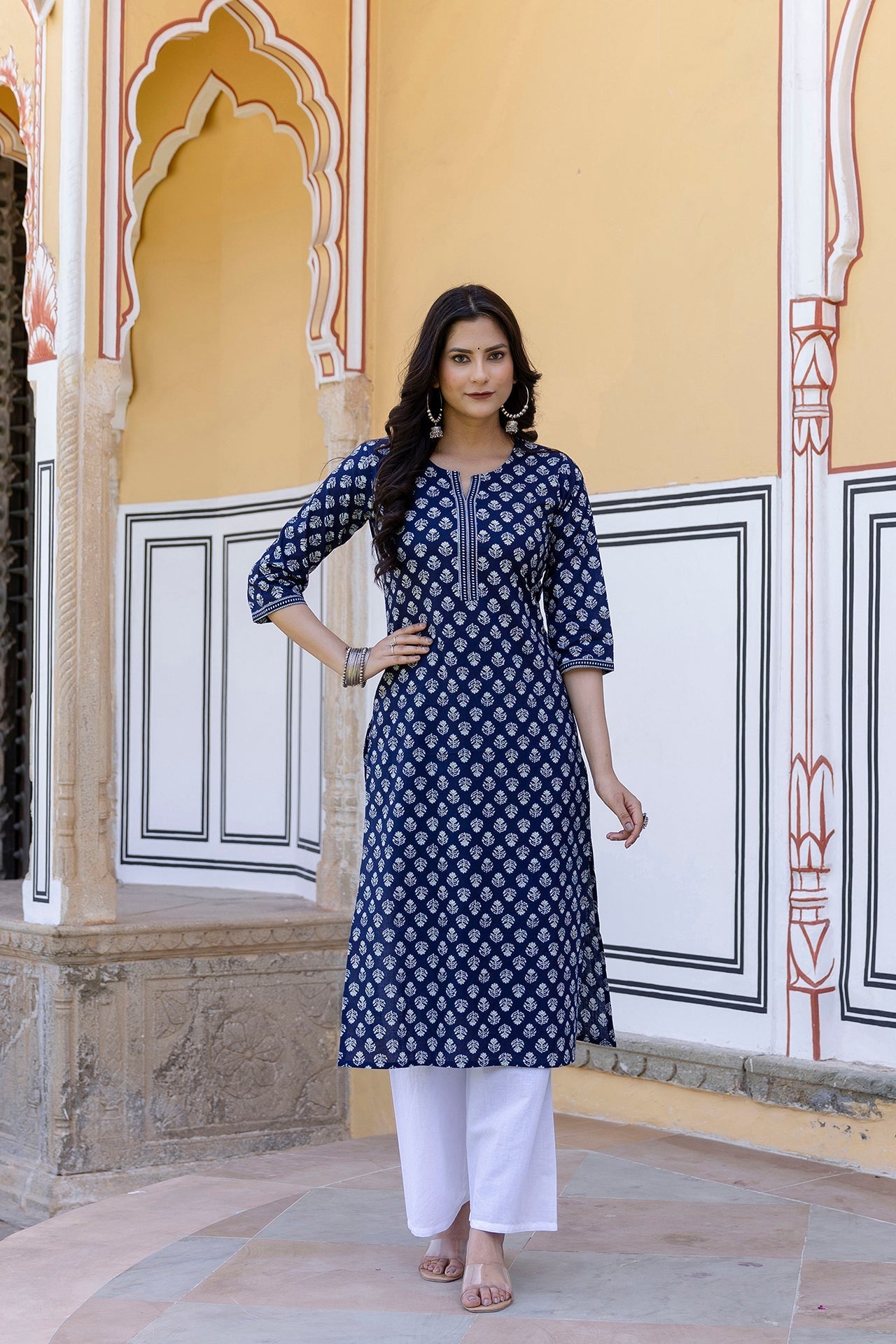 Women Navy Blue & White Ethnic Motifs Printed Thread Work Cotton Kurta | LASVINI - Redefining Indian Fashion with Elegance
