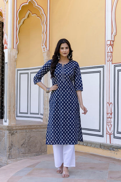 Women Navy Blue & White Ethnic Motifs Printed Thread Work Cotton Kurta | LASVINI - Redefining Indian Fashion with Elegance