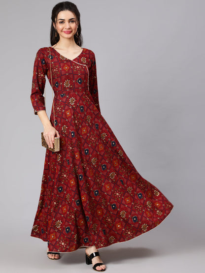 Women Maroon Ethnic Printed Flared Angrakha Dress | LASVINI - Redefining Indian Fashion with Elegance