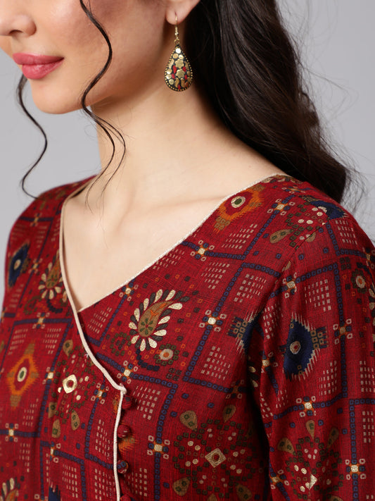 Women Maroon Ethnic Printed Flared Angrakha Dress | LASVINI - Redefining Indian Fashion with Elegance