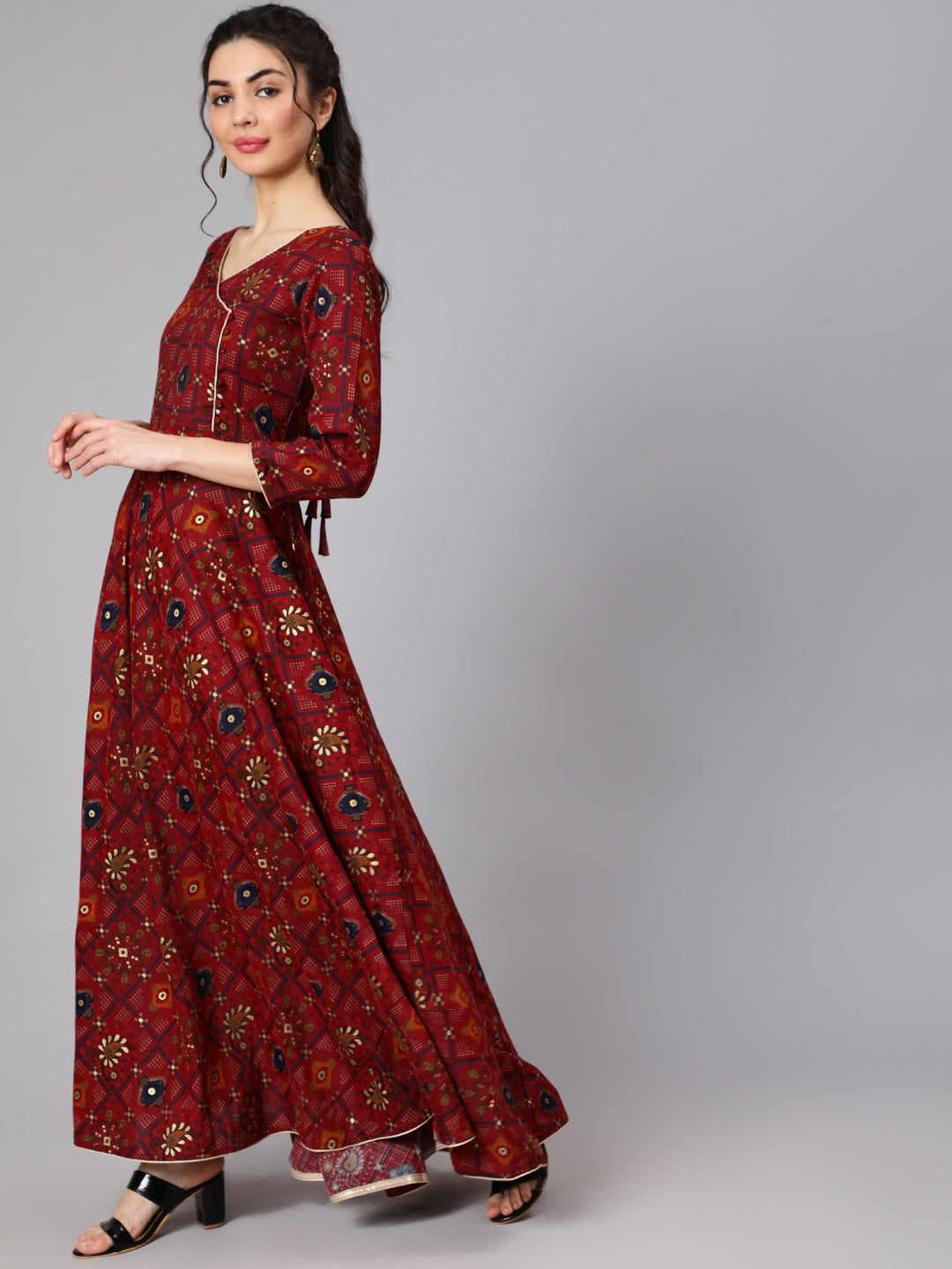 Women Maroon Ethnic Printed Flared Angrakha Dress | LASVINI - Redefining Indian Fashion with Elegance