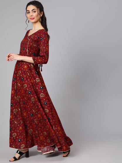 Women Maroon Ethnic Printed Flared Angrakha Dress | LASVINI - Redefining Indian Fashion with Elegance