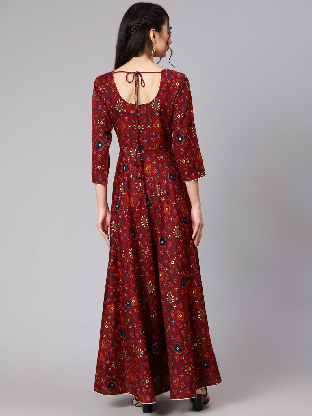 Women Maroon Ethnic Printed Flared Angrakha Dress | LASVINI - Redefining Indian Fashion with Elegance