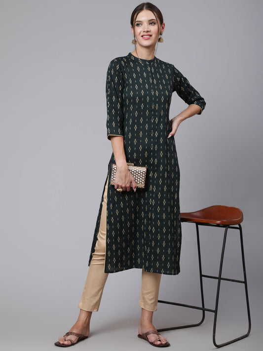 Women Green Printed Straight Kurta With Three Quarter Sleeves | LASVINI - Redefining Indian Fashion with Elegance