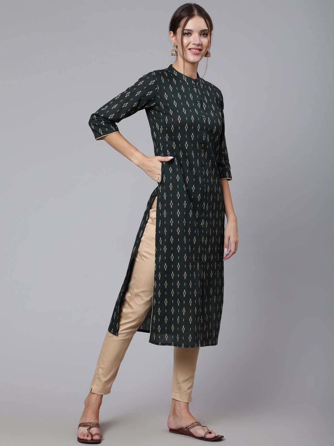 Women Green Printed Straight Kurta With Three Quarter Sleeves | LASVINI - Redefining Indian Fashion with Elegance