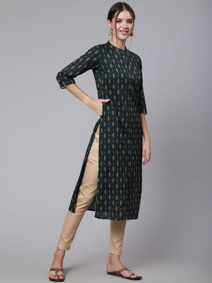 Women Green Printed Straight Kurta With Three Quarter Sleeves | LASVINI - Redefining Indian Fashion with Elegance