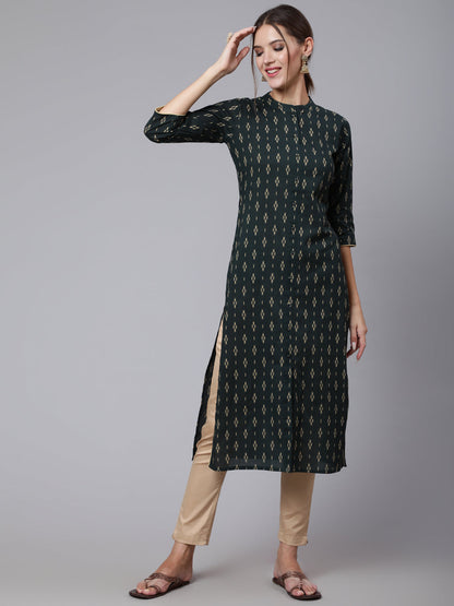 Women Green Printed Straight Kurta With Three Quarter Sleeves | LASVINI - Redefining Indian Fashion with Elegance