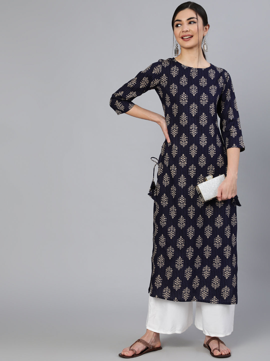 Women Blue Ethnic Motif Printed Straight Kurta With Three Quarter Sleeves | LASVINI - Redefining Indian Fashion with Elegance