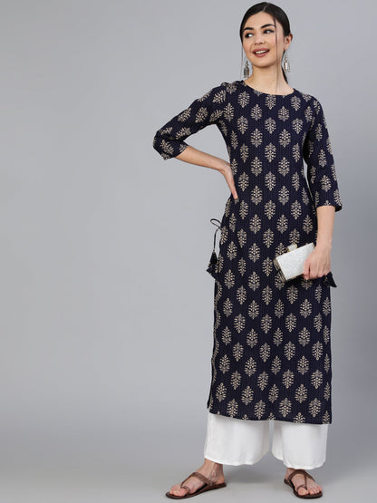 Women Blue Ethnic Motif Printed Straight Kurta With Three Quarter Sleeves | LASVINI - Redefining Indian Fashion with Elegance