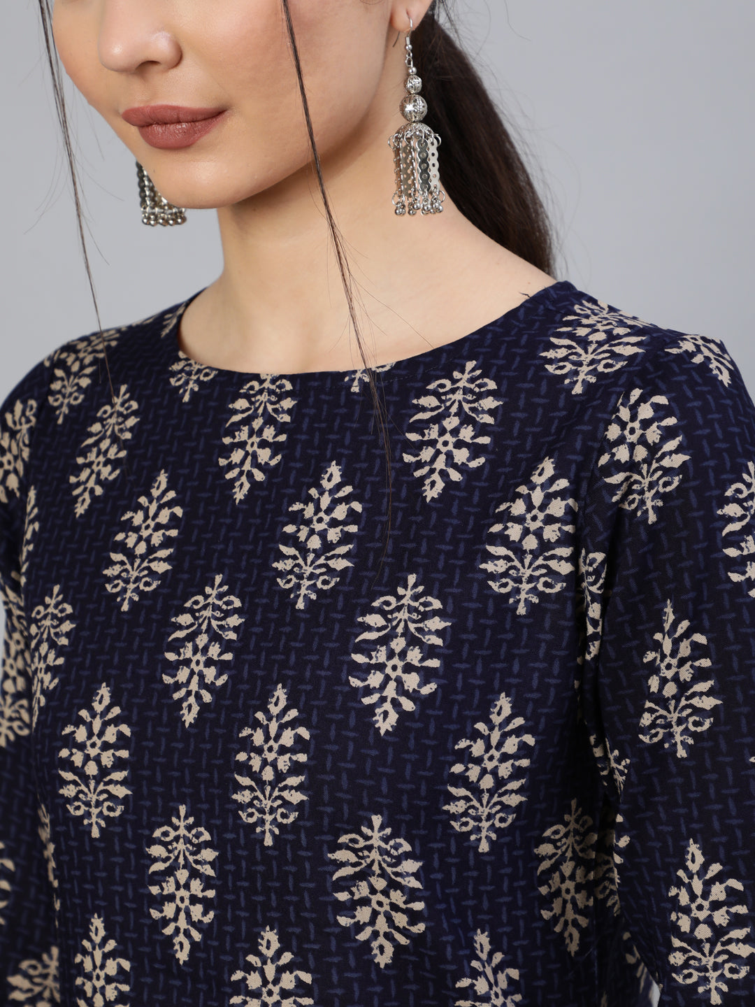 Women Blue Ethnic Motif Printed Straight Kurta With Three Quarter Sleeves | LASVINI - Redefining Indian Fashion with Elegance