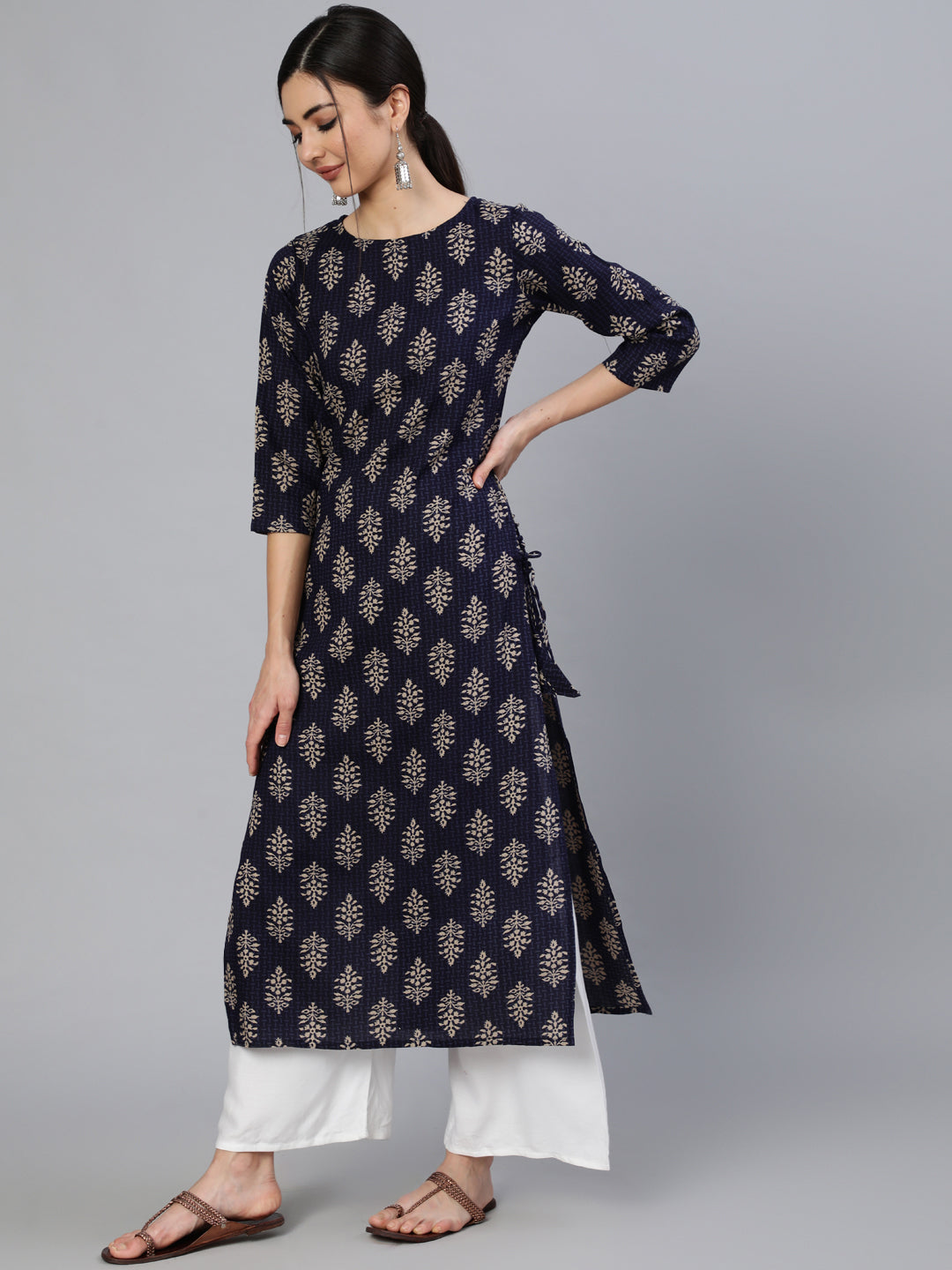 Women Blue Ethnic Motif Printed Straight Kurta With Three Quarter Sleeves | LASVINI - Redefining Indian Fashion with Elegance