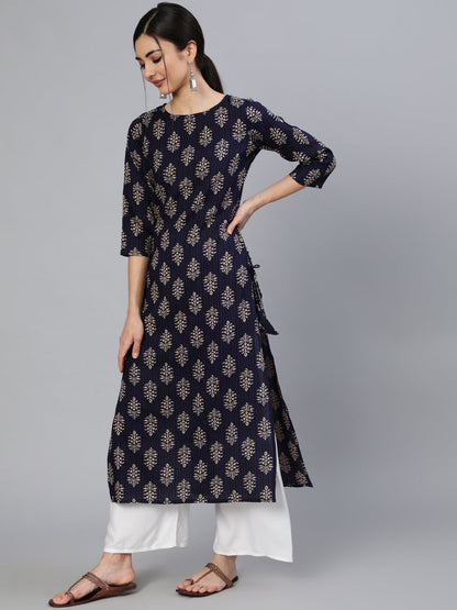 Women Blue Ethnic Motif Printed Straight Kurta With Three Quarter Sleeves | LASVINI - Redefining Indian Fashion with Elegance