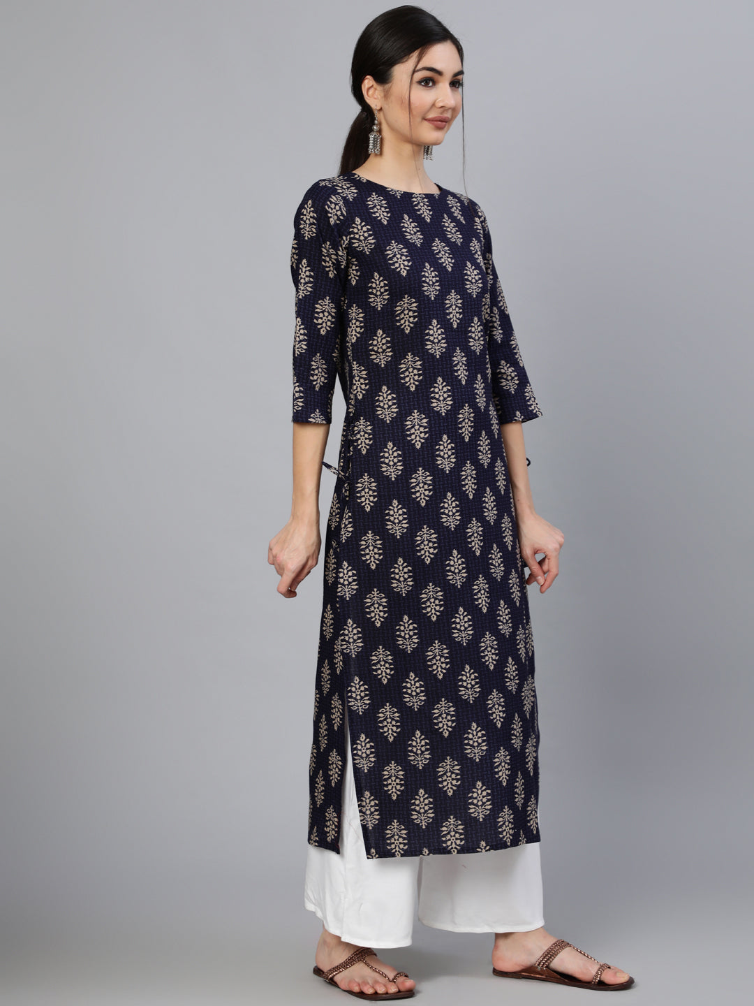 Women Blue Ethnic Motif Printed Straight Kurta With Three Quarter Sleeves | LASVINI - Redefining Indian Fashion with Elegance