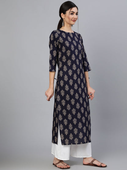 Women Blue Ethnic Motif Printed Straight Kurta With Three Quarter Sleeves | LASVINI - Redefining Indian Fashion with Elegance