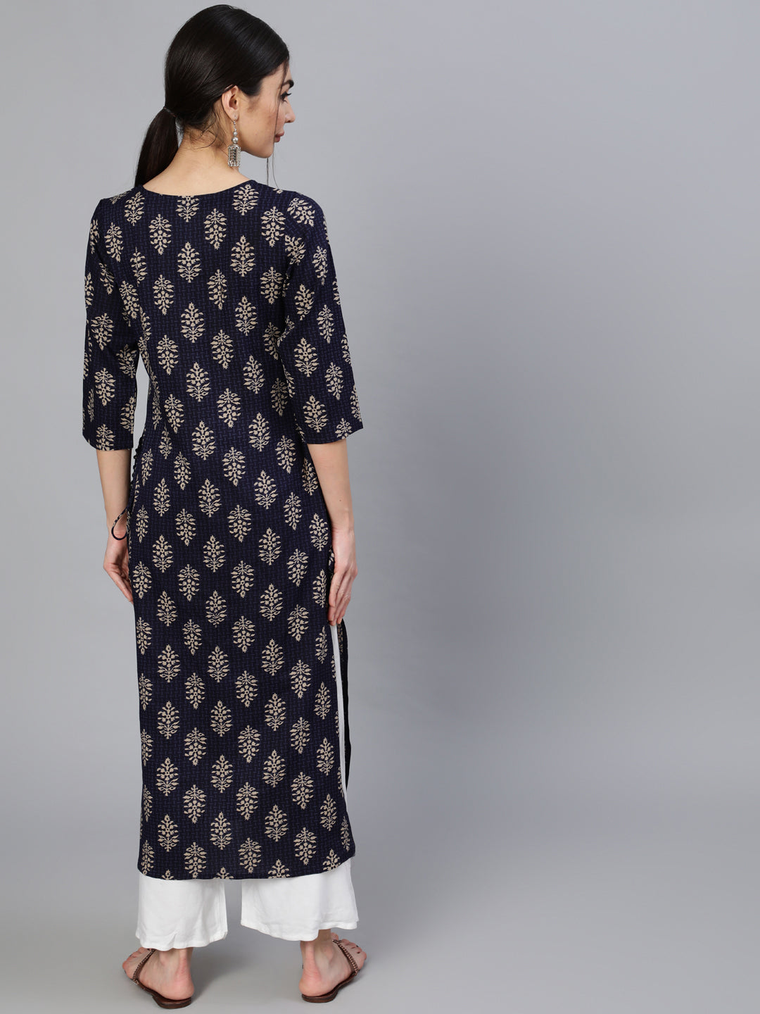 Women Blue Ethnic Motif Printed Straight Kurta With Three Quarter Sleeves | LASVINI - Redefining Indian Fashion with Elegance