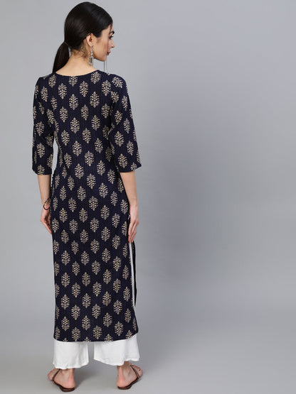 Women Blue Ethnic Motif Printed Straight Kurta With Three Quarter Sleeves | LASVINI - Redefining Indian Fashion with Elegance