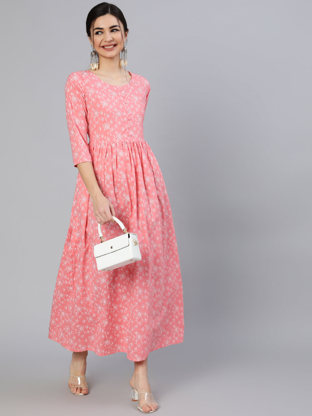 Women Pink Floral Printed Flared Dress With Round Neck | LASVINI - Redefining Indian Fashion with Elegance