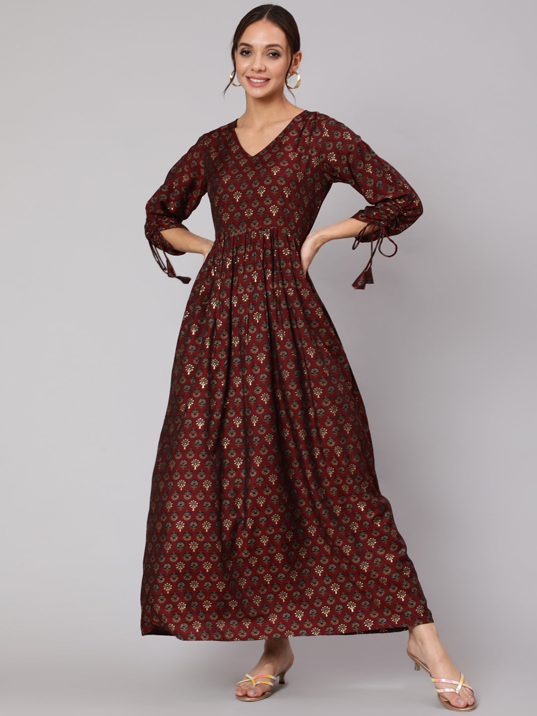 Women Maroon Ethnic Printed Gathered Dress With Three Quarter Sleeves | LASVINI - Redefining Indian Fashion with Elegance