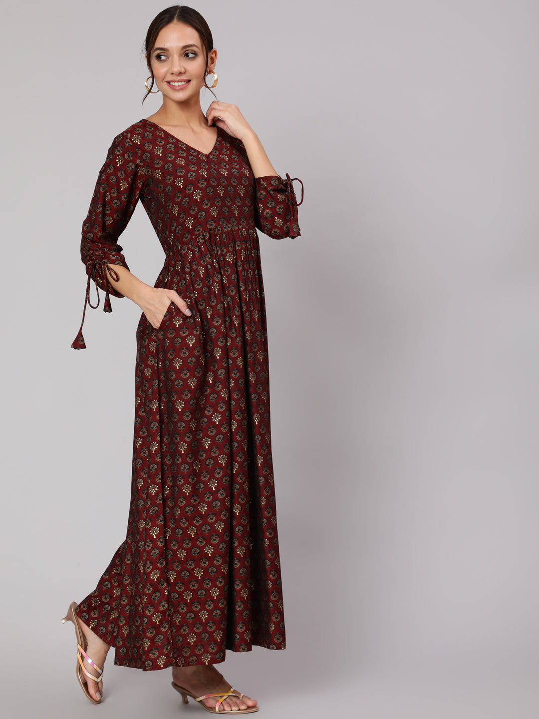 Women Maroon Ethnic Printed Gathered Dress With Three Quarter Sleeves | LASVINI - Redefining Indian Fashion with Elegance