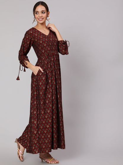 Women Maroon Ethnic Printed Gathered Dress With Three Quarter Sleeves | LASVINI - Redefining Indian Fashion with Elegance