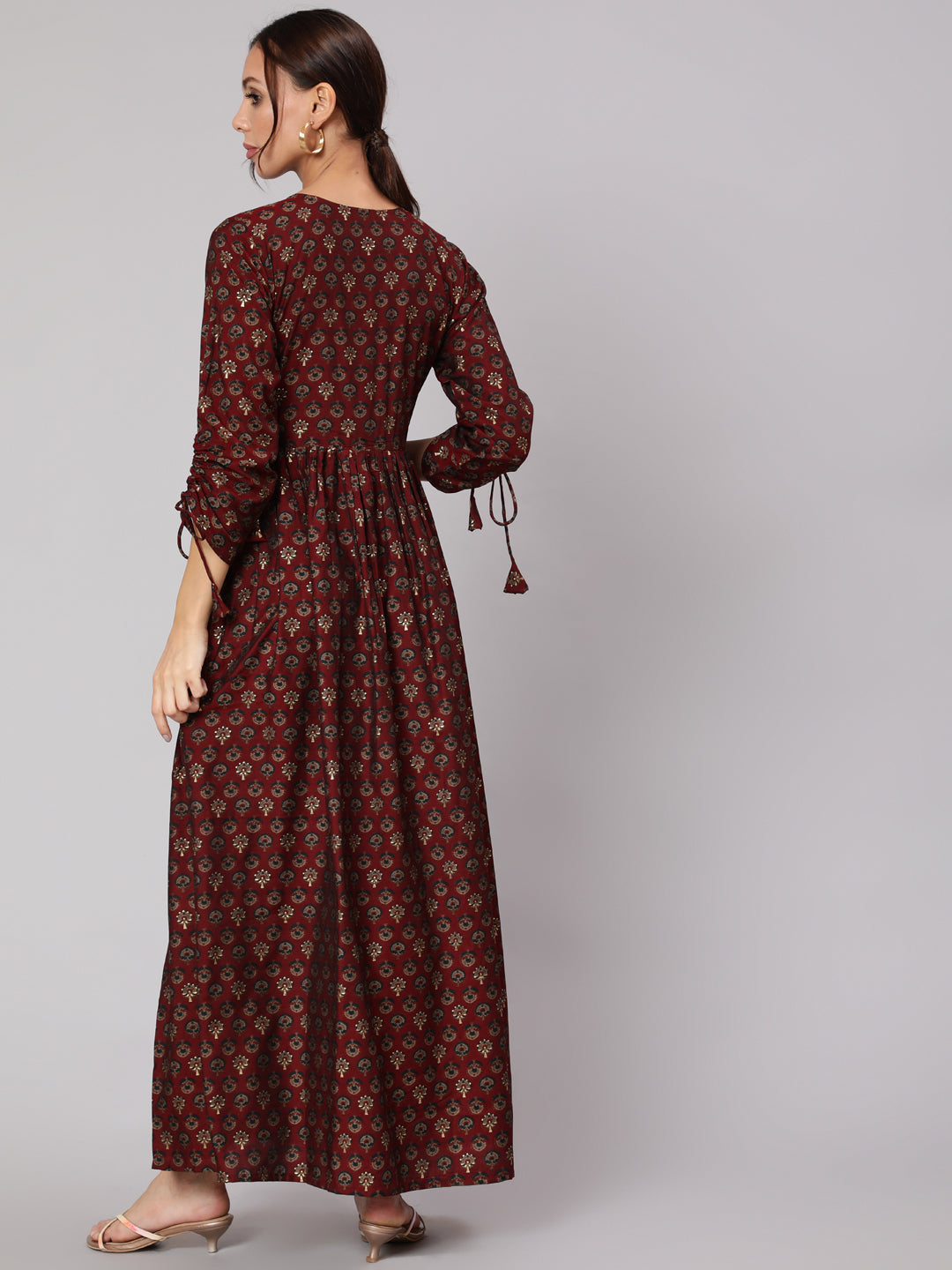Women Maroon Ethnic Printed Gathered Dress With Three Quarter Sleeves | LASVINI - Redefining Indian Fashion with Elegance